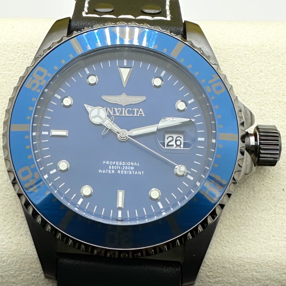 Invicta Pro Diver Blue Dial Gunmetal Case Men Watch with Cowhide Premium Leather